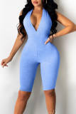 Blue Sexy Solid Patchwork Halter Skinny Rompers