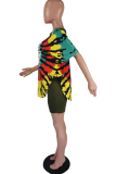 Red Casual Print Patchwork O Neck Short Sleeve Two Pieces