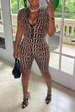 Brown Sexy Print Patchwork Zipper Collar Skinny Rompers