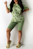 Ink Green Fashion Casual Print Basic O Neck Short Sleeve Two Pieces
