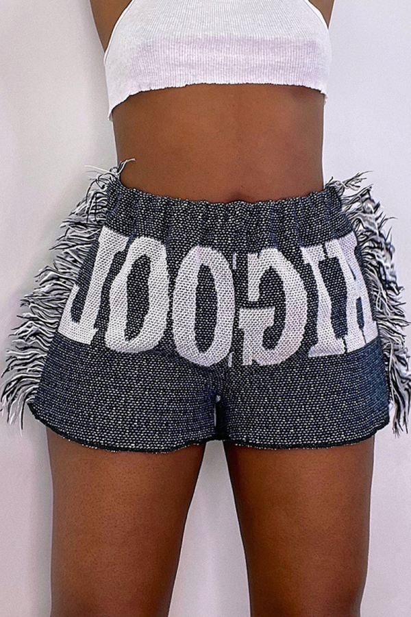 Blue Casual Print Tassel Patchwork Straight Mid Waist Straight Full Print Bottoms