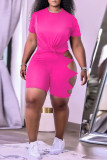 Red Sexy Solid Ripped Bandage O Neck Short Sleeve Two Pieces