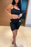 Black Sexy Casual Solid Hollowed Out Backless One Shoulder Sleeveless Two Pieces