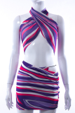 Purple Sexy Striped Patchwork Halter Sleeveless Two Pieces