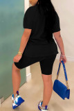 Black Fashion Casual Print Basic O Neck Short Sleeve Two Pieces