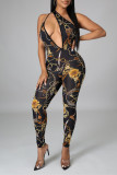 Black Fashion Sexy Print Hollowed Out Backless One Shoulder Skinny Jumpsuits