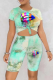 Green Casual Patchwork Tie-dye O Neck Short Sleeve Two Pieces