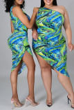 Green Fashion Sexy Print Asymmetrical One Shoulder Sleeveless Dress