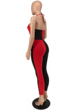 Red Sexy Casual Patchwork Backless Halter Skinny Jumpsuits