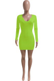 Fluorescent Green Casual Solid Split Joint V Neck A Line Dresses