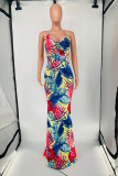 Red Sexy Print Patchwork Spaghetti Strap Trumpet Mermaid Dresses