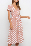 Pink Fashion Elegant Dot Frenulum Buckle V Neck A Line Dresses