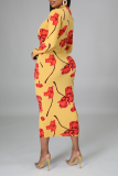 Yellow Sexy Print Patchwork V Neck Pencil Skirt Dresses