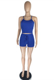 Deep Blue Sexy Casual Solid Backless Spaghetti Strap Sleeveless Two Pieces