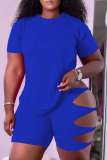 Pink Casual Solid Hollowed Out O Neck Short Sleeve Two Pieces