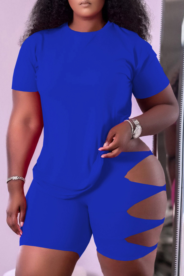 Blue Casual Solid Hollowed Out O Neck Short Sleeve Two Pieces