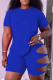 Blue Casual Solid Hollowed Out O Neck Short Sleeve Two Pieces