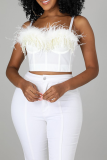 White Sexy Solid Tassel Spaghetti Strap Sleeveless Two Pieces