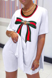 White Street Print Make Old High Opening O Neck Short Sleeve Two Pieces