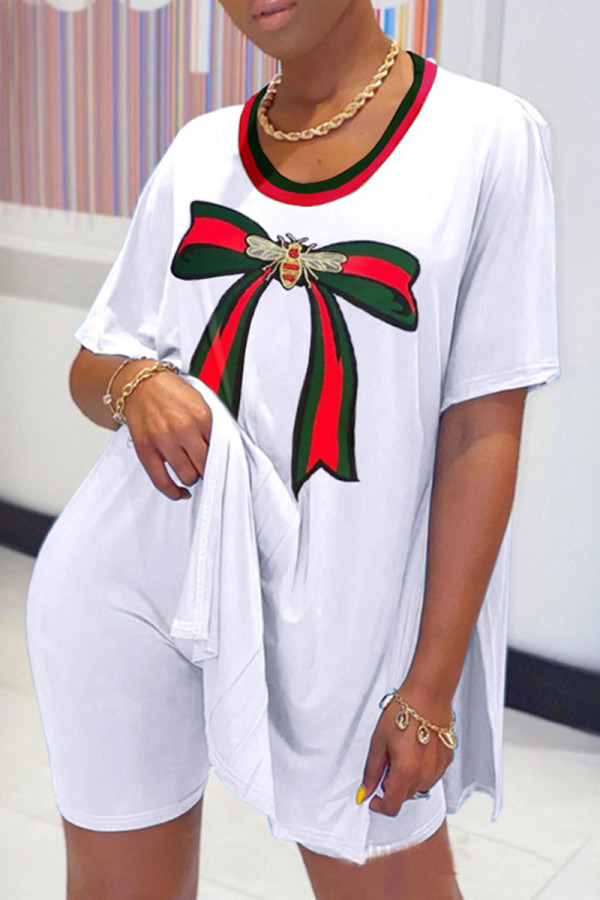 White Street Print Make Old High Opening O Neck Short Sleeve Two Pieces