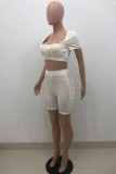 Apricot Fashion Sexy Solid Fold Square Collar Short Sleeve Two Pieces