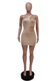 Beige Fashion Sexy Solid Hollowed Out Backless One Shoulder Sleeveless Dress