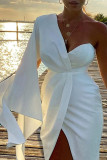 White Casual Solid Patchwork Asymmetrical Asymmetrical Collar Evening Dress Dresses