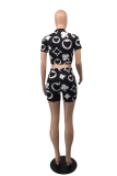 Black Casual Print Hollowed Out O Neck Short Sleeve Two Pieces