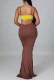 Brown Sexy Solid Hollowed Out Spaghetti Strap Pencil Skirt Dresses