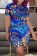 Blue Fashion Casual Print Basic O Neck Short Sleeve Two Pieces
