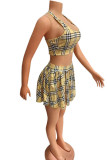 Yellow Fashion Casual Plaid Print Vests O Neck Sleeveless Two Pieces