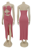 Nude Pink Sexy Solid Hollowed Out Strapless Irregular Dress Dresses