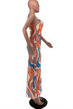 Orange Sexy Print Patchwork Spaghetti Strap A Line Dresses
