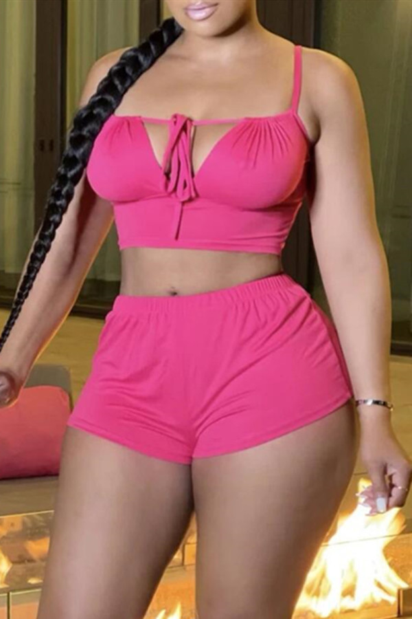 Rose Red Fashion Sexy Solid Bandage Backless Spaghetti Strap Sleeveless Two Pieces
