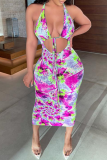 Blue Sexy Print Hollowed Out Halter Pencil Skirt Dresses