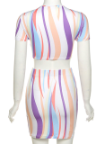 Colour Sexy Print Patchwork V Neck Short Sleeve Two Pieces