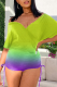 Yellow Sexy Gradual Change Patchwork V Neck Regular Rompers