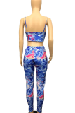 Blue Sexy Print Patchwork Spaghetti Strap Sleeveless Two Pieces