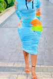 Multicolor Fashion Casual Print Basic O Neck Long Sleeve Dresses