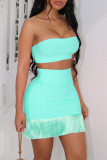 Pink Fashion Sexy Solid Tassel Backless Strapless Sleeveless Two Pieces