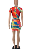 Purple Sexy Print Patchwork V Neck Short Sleeve Two Pieces