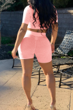 Pink Casual Print Hot Drill O Neck Short Sleeve Two Pieces