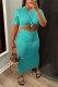 Blue Fashion Casual Solid Fold O Neck Short Sleeve Two Pieces