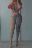 Multicolor Sexy Print Patchwork V Neck Long Sleeve Two Pieces