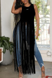 Black Sexy Sleeveless Vest Fringed Top