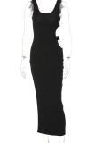 Black Sexy Solid Hollowed Out Patchwork High Opening U Neck Vest Dress Dresses