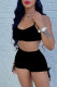 Black Casual Solid Draw String Fold Spaghetti Strap Two Pieces