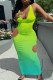Fluorescent Green Fashion Sexy Gradual Change Print Hollowed Out Vest Dress