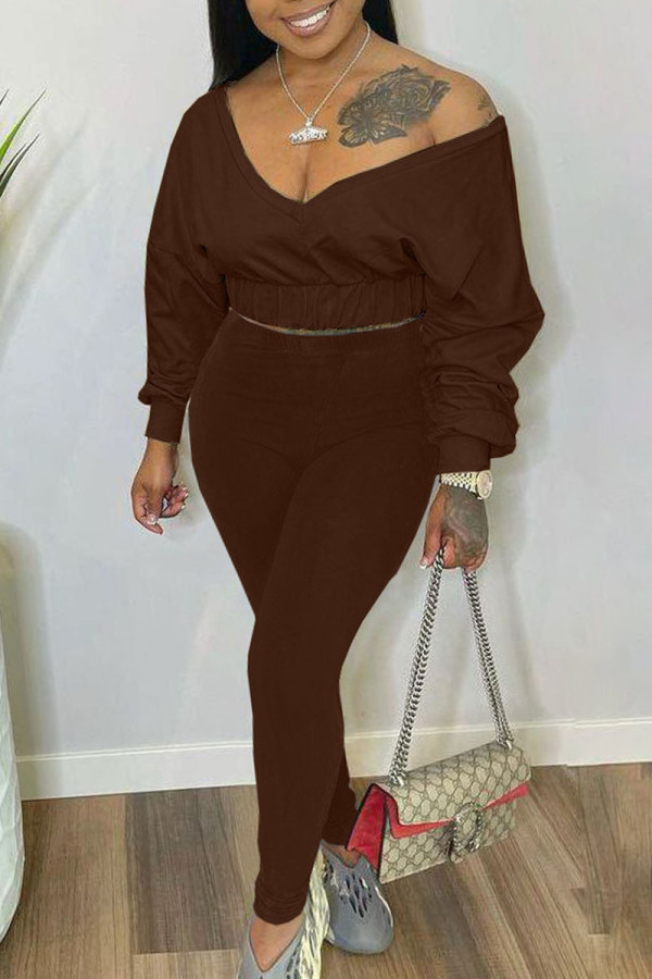 Coffee Casual Solid Patchwork V Neck Long Sleeve Two Pieces