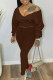Coffee Casual Solid Patchwork V Neck Long Sleeve Two Pieces